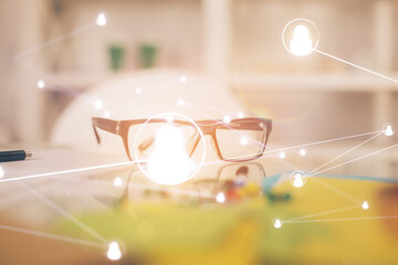 Social network theme drawing with glasses on the table background. Concept of people media connection. Double exposure.