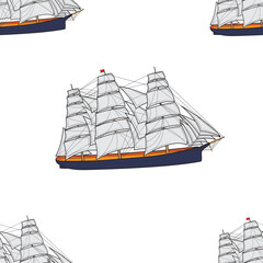 Seamless pattern of a sailing ship in isolate. Vector illustration.