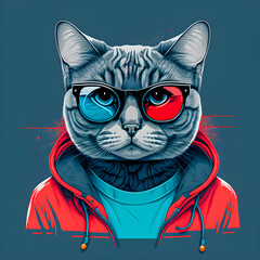 Hipster Cute Funny Art Cat Illustration