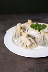 khinkali on a white plate with sauce and herbs on a gray background