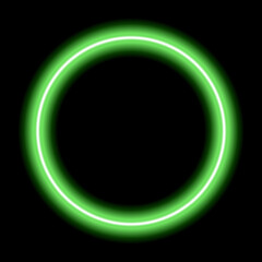 Neon glowing frame, e-circle. Illuminated geometric shape. Sign, template design element. Bright multicolored circle with blank emptyspace inside