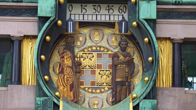 Anker clock, Ankeruhr, famous astronomical clock in Vienna, Austria built by Franz von Matsch. tourist attraction, travel guide and sights of city breaks. landmarks and on road trip concept
