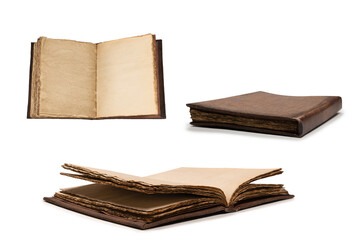 An open empty old notebook isolated on a white background.