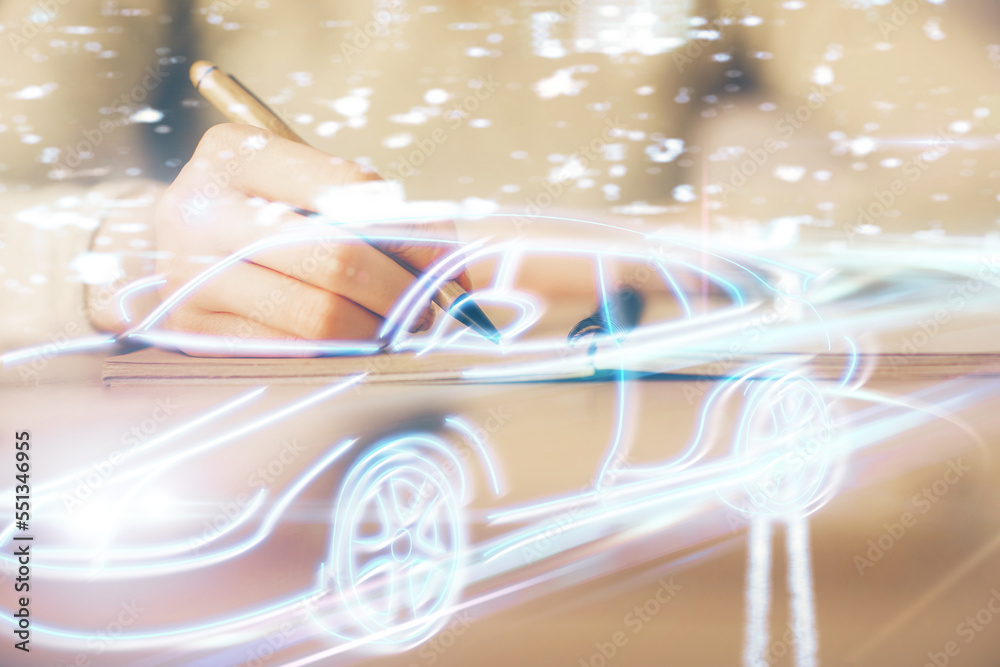 Poster tech autopilot theme hologram over woman's hands taking notes background. concept of hightech. doubl