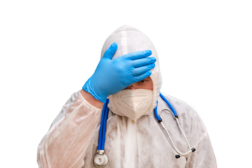 Man doctor medic in a protective suit uniform with goggles and face mask, isolated on a white background. Paramedic in white antiviral protective clothing wearing an N95 respirator and safety glasses
