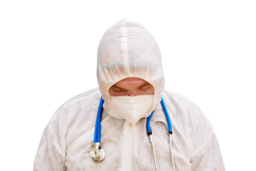 Man doctor medic in a protective suit uniform with goggles and face mask, isolated on a white background. Paramedic in white antiviral protective clothing wearing an N95 respirator and safety glasses