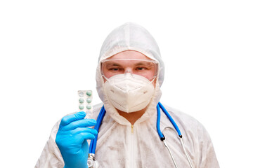 Man doctor medic in a protective suit uniform with goggles and face mask, isolated on a white background. Paramedic in white antiviral protective clothing wearing an N95 respirator and safety glasses