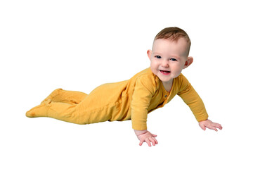 Happy toddler baby at the age of six months plays laughing, isolated on a white background. Funny child boy crawling and smiling, copy space