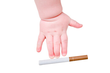 Baby hand and cigarette with tobacco, close-up, isolated on a white background. Children fingers and an object on a white background