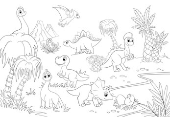 Line dinos on jungle, dinosaur t-rex, palm tree and volcano. Outline pterodactyl flying, cute dino and eggs. Coloring for children template, vector prehistoric cartoon landscape