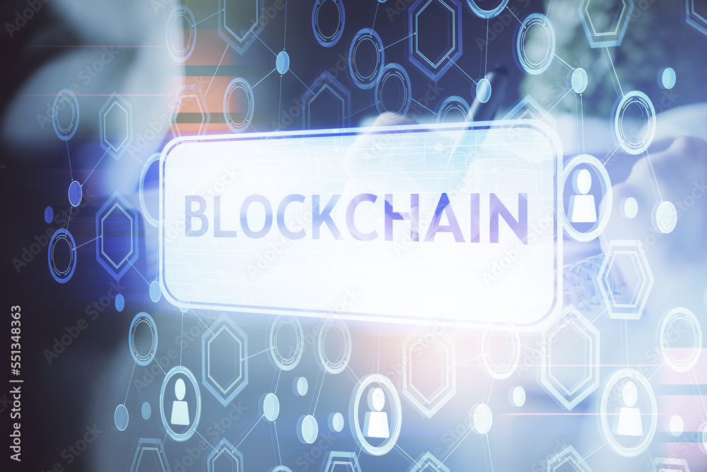 Poster cryptocurrency hologram, bitcoin, ico theme over hands taking notes background. concept of blockchai