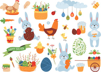 Cute easter cartoon elements. Garden animal, spring flowers decorations. Flat bunny and chicken, infant present seasonal festive classy vector kit