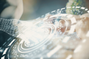 Double exposure of hands making notes background with technology and digital coding huds. Data learning concept.