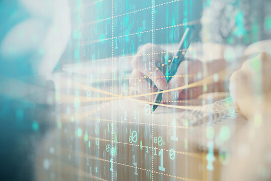 Double exposure of hands making notes background with technology and digital coding huds. Data learning concept.