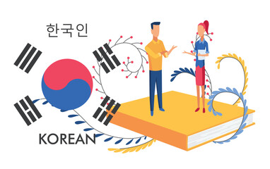 Korean language. People learning new language. Distance education, online learning courses concept. Students reading books cartoon characters. Teaching foreign languages, vector illustration