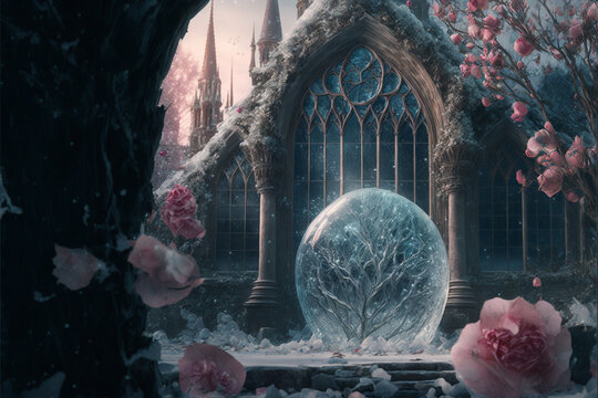 Roses draped with frost fantasy magical with gothic church background.
