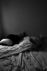 black and white photo of unmade bed