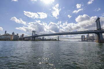 Beautiful panoramic view of Brooklyn bridge over Hudson river and skyscrapers of Manhattan. USA. New York. 
