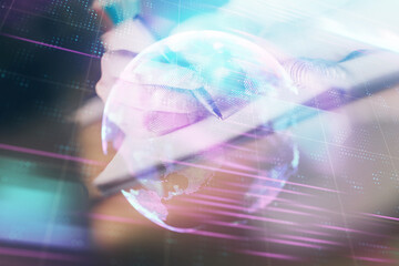 Tech theme hologram over woman's hands taking notes background. Concept of hightech. Double exposure