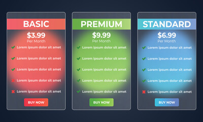 Modern glass morphism web pricing table comparison infographic chart ui design template