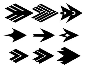Arrows collection in black color on white background for web design, mobile apps, interface. Modern graphic direction signs, cursor icons. arrow different shapes in modern simple flat style