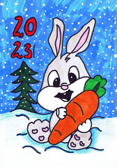 A cheerful rabbit sits with a carrot in the background of a Christmas tree, 2023. Children's drawing