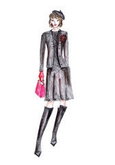 A woman in a classic suit. Fashion illustration. Children's drawing