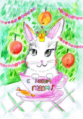A rabbit with a crown sits in a cup with the inscription 