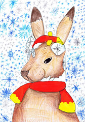 Portrait of a rabbit with a red scarf. Children's drawing