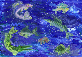 Freshwater fish swim in the water. Children's drawing - 551352515