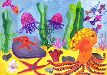 Sea animals at the bottom. Children's drawing - 551352523