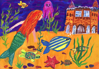 A mermaid sails to an amber palace at the bottom of the sea. Children's drawing - 551352542