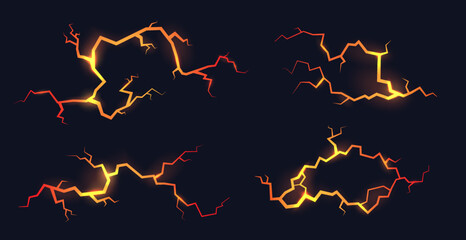 Glowing cracks. Volcanic crack, liquid molten lava or glow magma, stone break red fissure effect on rock surface, broken hell floor earthquake power, garish vector illustration