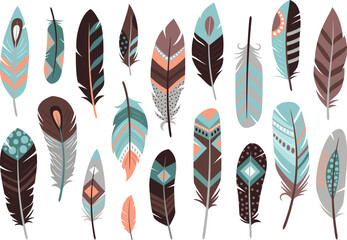Colored feathers vector icons isolated on white background. Various bright abstract feathers. Different shapes colorful trendy illustration