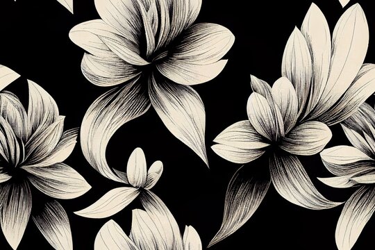 black and white delicate floral pattern. repeat pattern for wallpaper, paper packaging, textile, curtains, duvet covers, print design. Generative AI