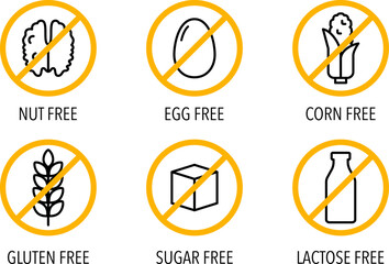 Gluten, sugar free, lactose intolerant. Set of isolated vector label icons for packaging design of food intolerance and diet food