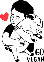 Kind child shows his love to animals and hugging a piglet. Nature respect concept and vegan lifestyle. Happy pig with little heart