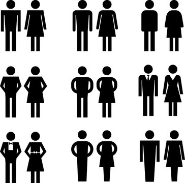 Public toilet vector signs. Woman and man hygiene washrooms symbols. Black ladies and gentlemen wc restroom door pictograms