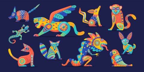 Alebrije. Traditional mexican folklore isolated creatures sculptures bird ornament feathers budgerigar parrot armadillo tribal companion huichol handicraft neat vector illustration