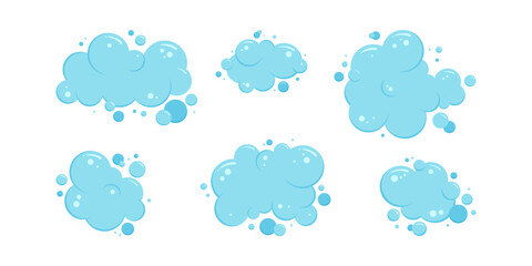 Obraz premium Cartoon bubble soap laundry, shampoo, water soda, blue foam bath vector icon, effervescent, gas ball set isolated on white background. Clean illustration