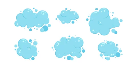 Foto auf Acrylglas Cartoon bubble soap laundry, shampoo, water soda, blue foam bath vector icon, effervescent, gas ball set isolated on white background. Clean illustration © Sylfida