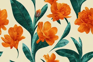decorative orange flower pattern. repeat pattern for wallpaper, paper packaging, textile, curtains, duvet covers, print design. Generative AI