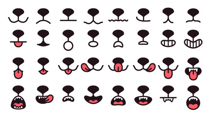 Dogs mouth. Painted dog face with delicious lick tongue and nose for vet emblem, care canine pet adorable puppy emotion, closed open mouth baby animal ingenious vector illustration