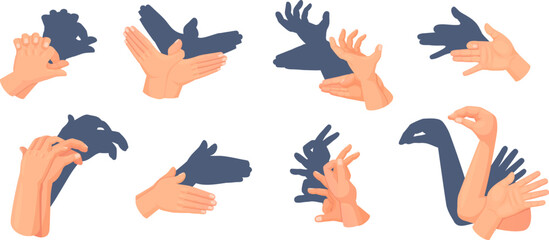 Hand shadow theatre. Animal shadows theater concept, theatrical gestures from finger human hands, antique puppet playing games light shade imagination ingenious vector illustration