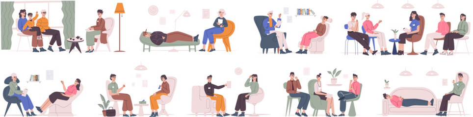 People at psychotherapist. Person sitting on chair psychologist, group therapy mental couch, support depressed girl, couple psychological counselling, recent vector illustration