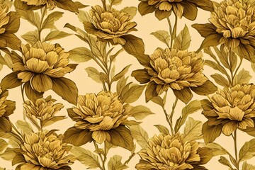 decorative golden peony flower pattern. repeat pattern for wallpaper, paper packaging, textile, curtains, duvet covers, print design. Generative AI
