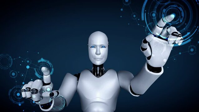Futuristic robot artificial intelligence huminoid AI programming coding technology development and machine learning concept. Robotic bionic science research for future of human life. 3D rendering.