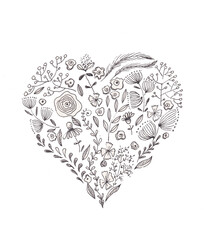 Fototapeta premium Heart with flowers. Vintage floral ornament on white. Sweet and sincere sentiments, love and soul.