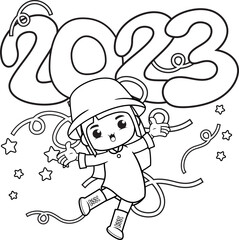 Happy new year coloring book with cute girl