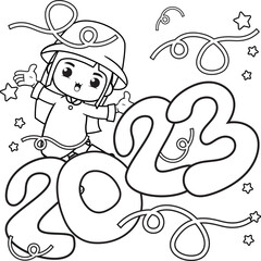 Happy new year coloring book with cute girl